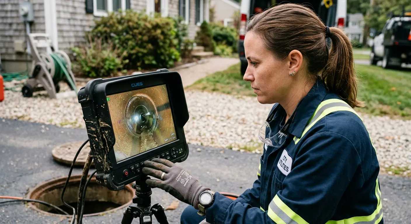 Technician reviewing sewer camera inspection footage in Beardstown