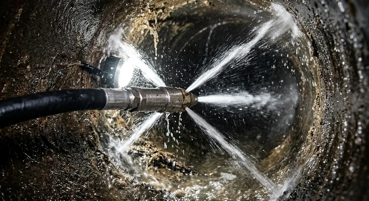 High-pressure hydro jetting nozzle cleaning sewer pipe for Trenchless Sewer Repair in Beardstown