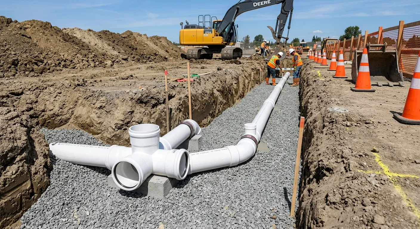New PVC sewer pipe installation in open trench for Sewer Camera Inspection in Beardstown